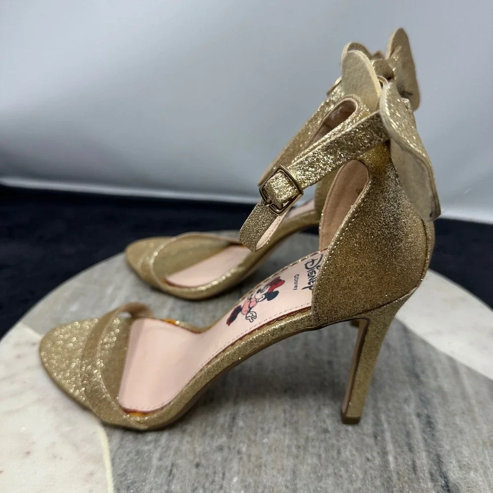 Primark Disney Minnie Mouse Gold Glitter Heels 7 Bow Ankle Strap Sandals Sparkly